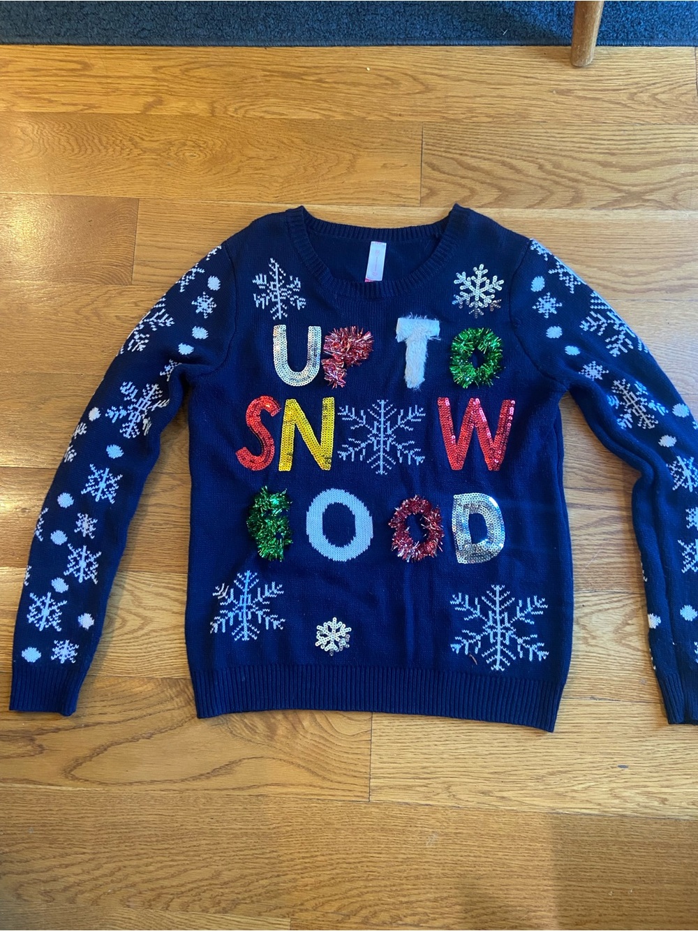No Boundaries Ugly Christmas Sweater Sequin & Tinsel 'Up To Snow Good”